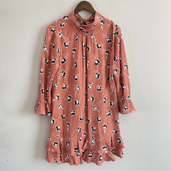 Rebecca Taylor | Women’s Silk Ikat Paintbrush Ruffle Dress High Neck Tie Flowy 8 - Picture 2 of 11